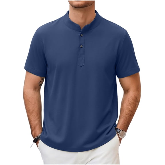 CHGBMOK Mens Henley Shirts Short Sleeve Linen Casual T Shirts Summer Basic Top Solid Collarless Shirts Plus Size