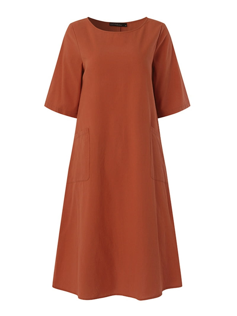 ZANZEA Cotton Line O-Neck Half Sleeve Side Pockets Mid-Calf Length Dresses  Womens - Walmart.com