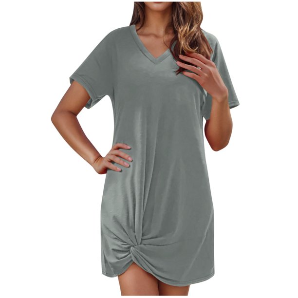Camisas de Cuello de la Tripulación de Manga Corta para las Mujeres Color Sólido V-Cuello Lado Torcido Camisa de la Cubierta, Playa Casual Y Traje de Baño Superior