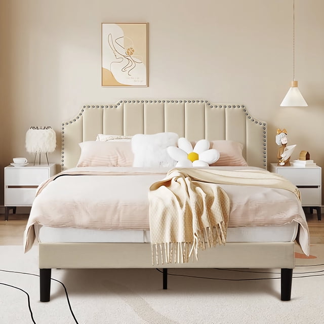 VECELO Queen Size Upholstered Bed Frame, Height Adjustable Nailhead Trim Headboard, Easy Assembly/No Box Spring Required, Beige