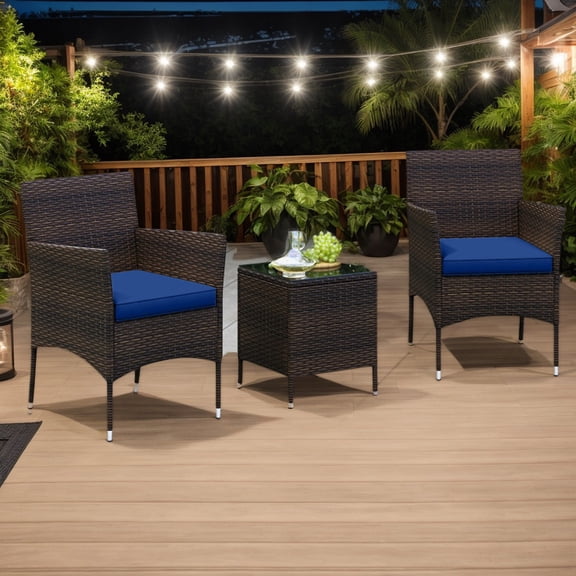GVN Outdoor Conversation Sets,Patio Furniture Sets,3 Pieces Outdoor Conversation Set with Cushioned Seat and Glass Tabletop-Navy