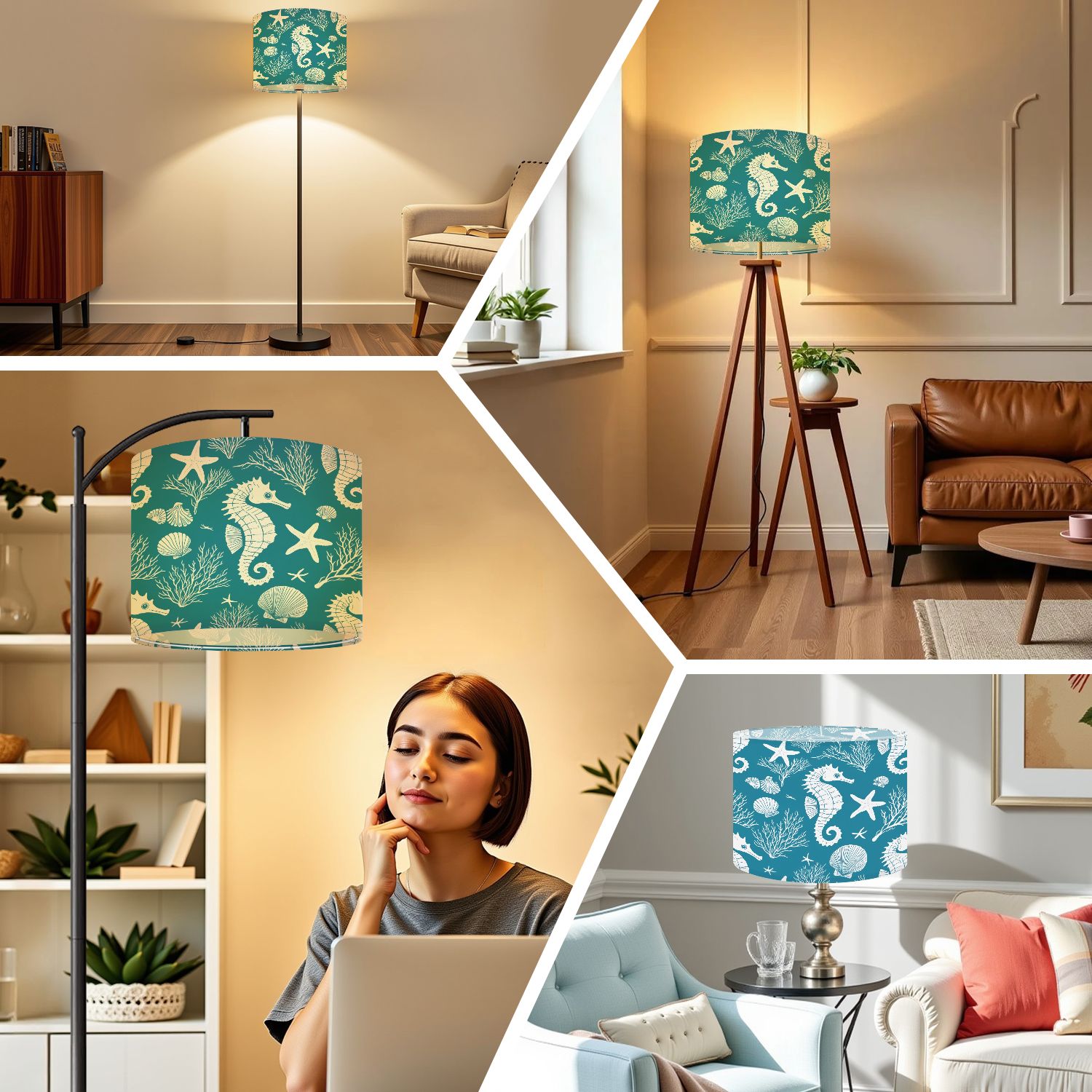 Linen Drum Lampshades Marine hand drawn sea shells stars seahorse coral for textiles 13"x13"x10" Light Shade for Table Lamps Floor Lamps Drum Lamp Shades Lampshade Replacement Assembly Required