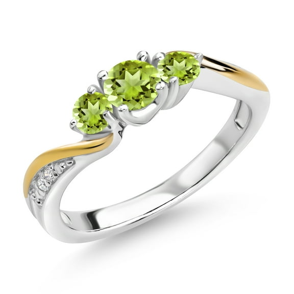Gem Stone King 925 Sterling Silver and 10K Yellow Gold Green Peridot and White Lab Grown Diamond 3 Stone Engagement Ring for Women (0.57 Cttw, Gemstone August Birthstone, Size 8)