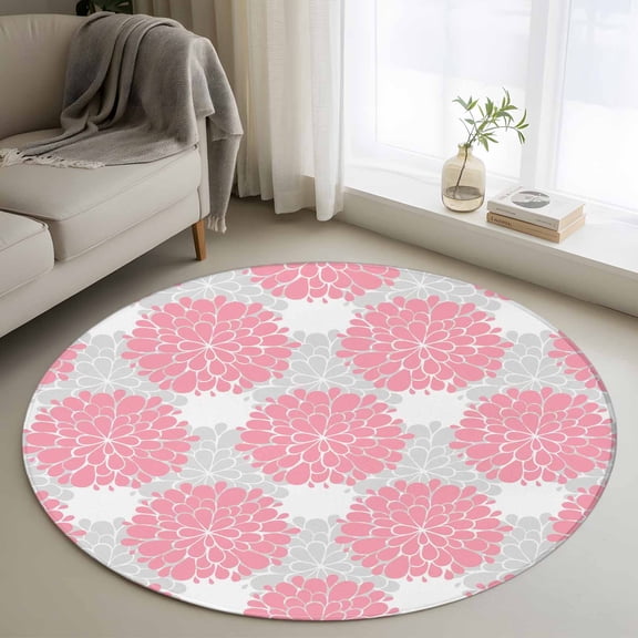 Round Area Rug 4 Ft, Pink Dahlia Washable Non-Slip Circle Carpet for Living Room/Bedroom, Farmhouse Abstract Grey Floral Patterned Low-Profile Crawling Mats Collection Rugs for Indoor