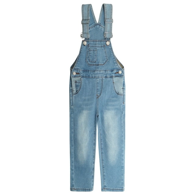 Overoles de Mezclilla Para Niñas, Cintura Elástica Interior, Lavado, Elástico,KIDSCOOL SPACE, Azul Claro, 12-14 Años
