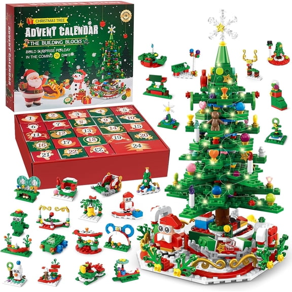 Advent Calendar 2025 Christmas Tree Building Set with LED light, Christmas Countdown Calendar, 24 Days Building Block for Kids Adult Creative Gifts for Adults Teens Girls