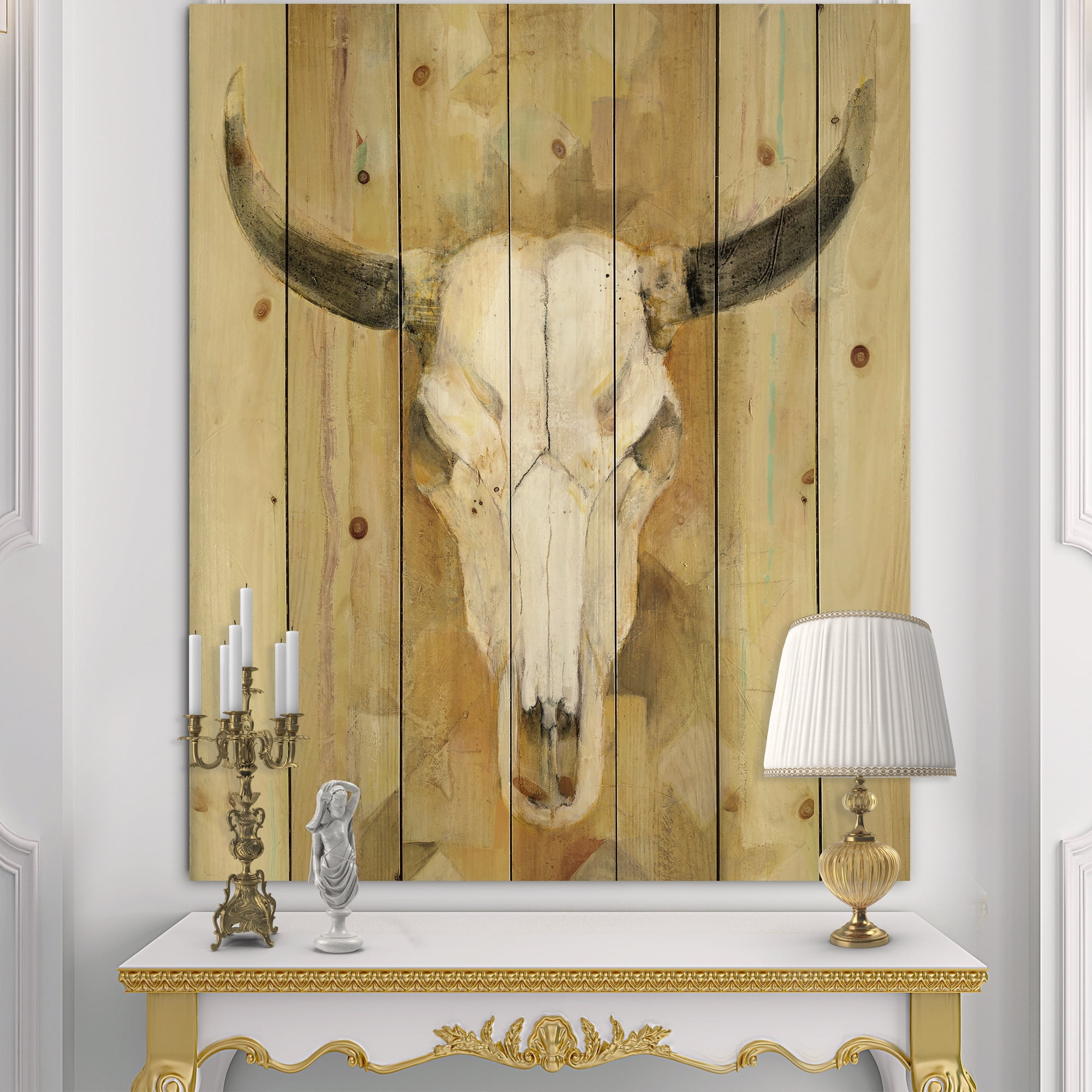 Designart 'His southwest bones' Gold Wildlife Print on Natural Pine Wood