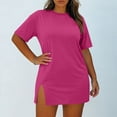 thumbnail image 6 of Dress Dqueduo Women's Solid Color Loose Short Sleeve Plus Size Round Neck Dress Hot Pink XXXXL, 6 of 8