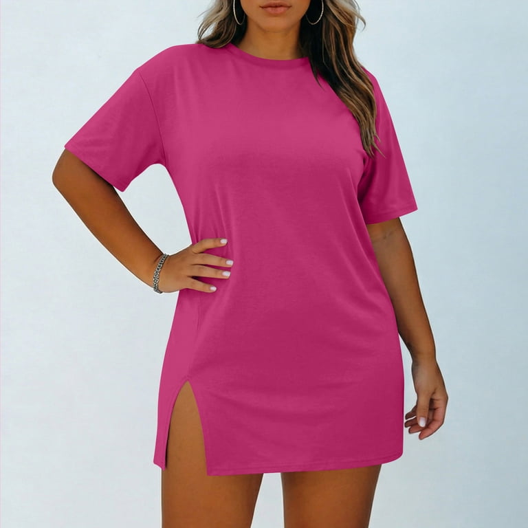 Nmnitkp Plus Size Women's T-Shirt Dress, Round Neck Short Sleeve Loose  Casual Summer Knee Length Dress with Pockets & Side Slit, Solid Color Hot  Pink,4XL - Walmart.com