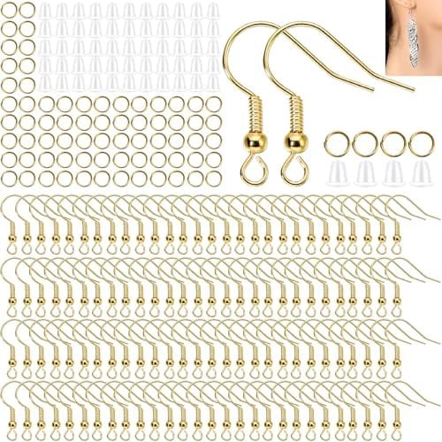 Hypoallergenic Earring Hooks, Ear Wires Fish Hooks, 600 Pcs Gold Earing Making Supplies Kit with Earring Backs and Jump Rings for DIY Jewelry Making (Gold)