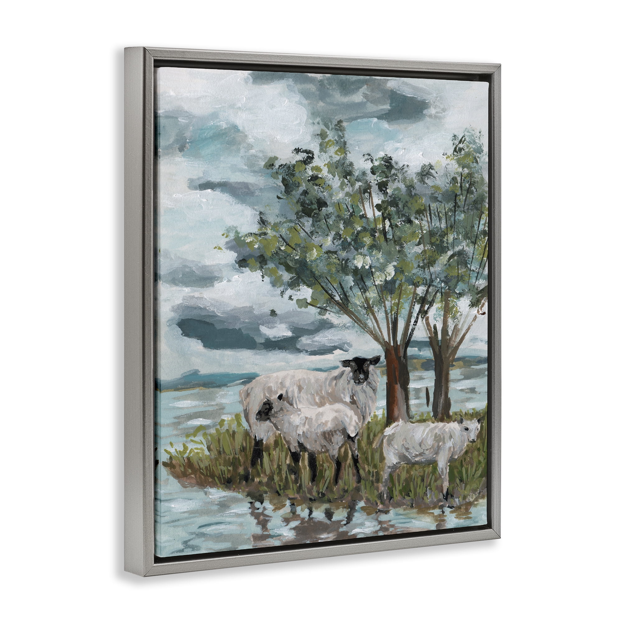 Stupell Industries Traditional Sheep Scene Landscape Painting Gray Floater Framed Canvas Art Print Wall Art, 25 x 31