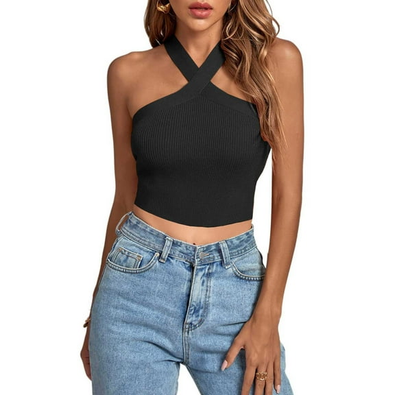 Wycnly Womens Tank Tops Summer Solid Halter Sleeveless T Shirts Sexy Off Shoulder Slim Fit Knitted Ribbed Going Out Blouses Vest Black m