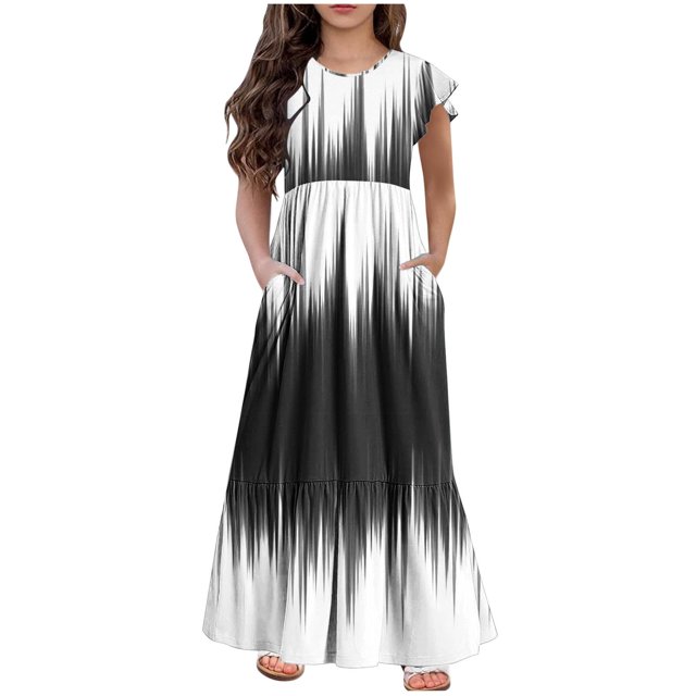 Yanlir Robe d'Été Mignonne à Col Rond pour Filles – Robe Unie à Manches Courtes à Imprimé Rayé avec Poche pour un Style Décontracté et Stylé 6-13 Ans (Blanc#2, 6-7 Ans)