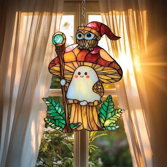Wizard Ghost and Owl Suncatcher with Mushroom Cap, Crystal Staff and Ferns, Fantasy Cottagecore Acrylic Window Hanging Decor Gift