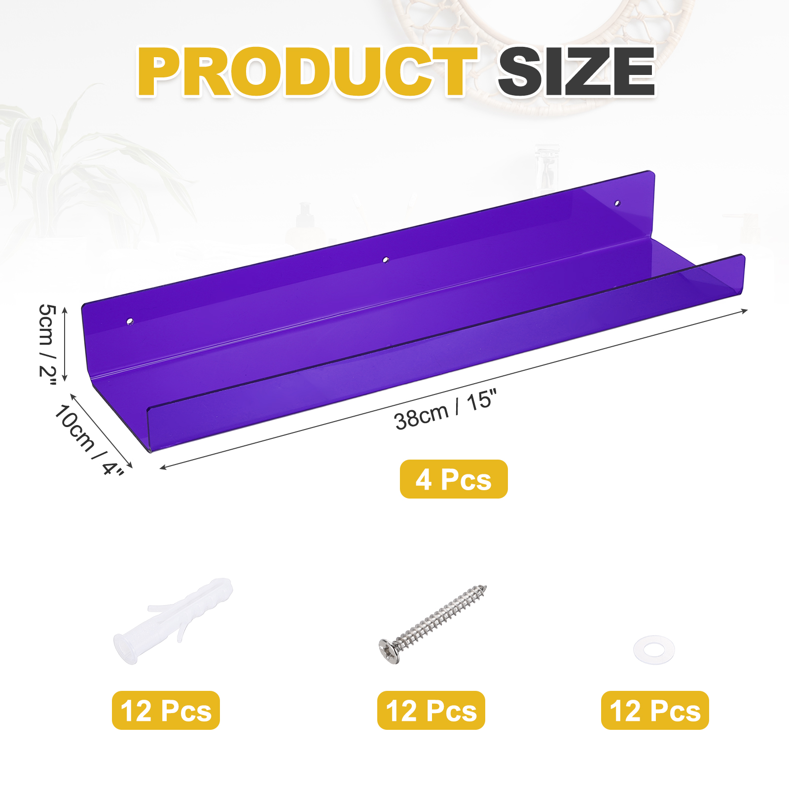 4 Pack Acrylic Shelves for Wall, 15 Inch Purple Floating Shelves Wall Mount