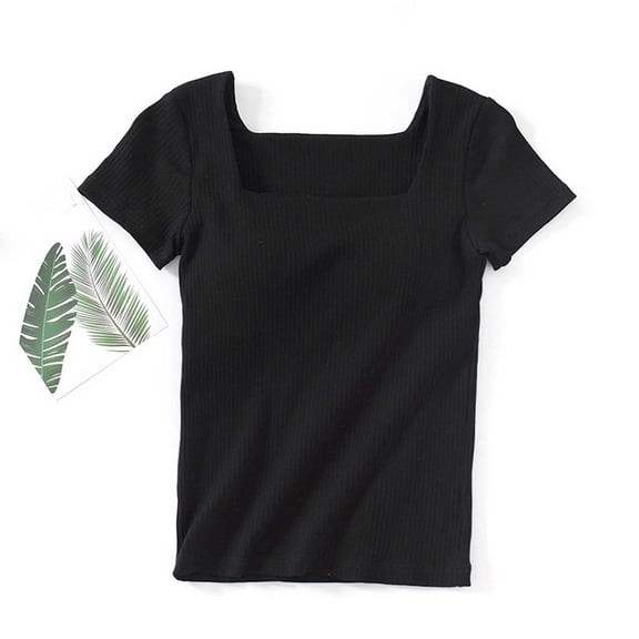 Aobny Women's Pajamas Tops Only Ribbed Build-in-Bra Sleep Tops Short Sleeve Square Neck Sleep Shirts for Women,Black,L
