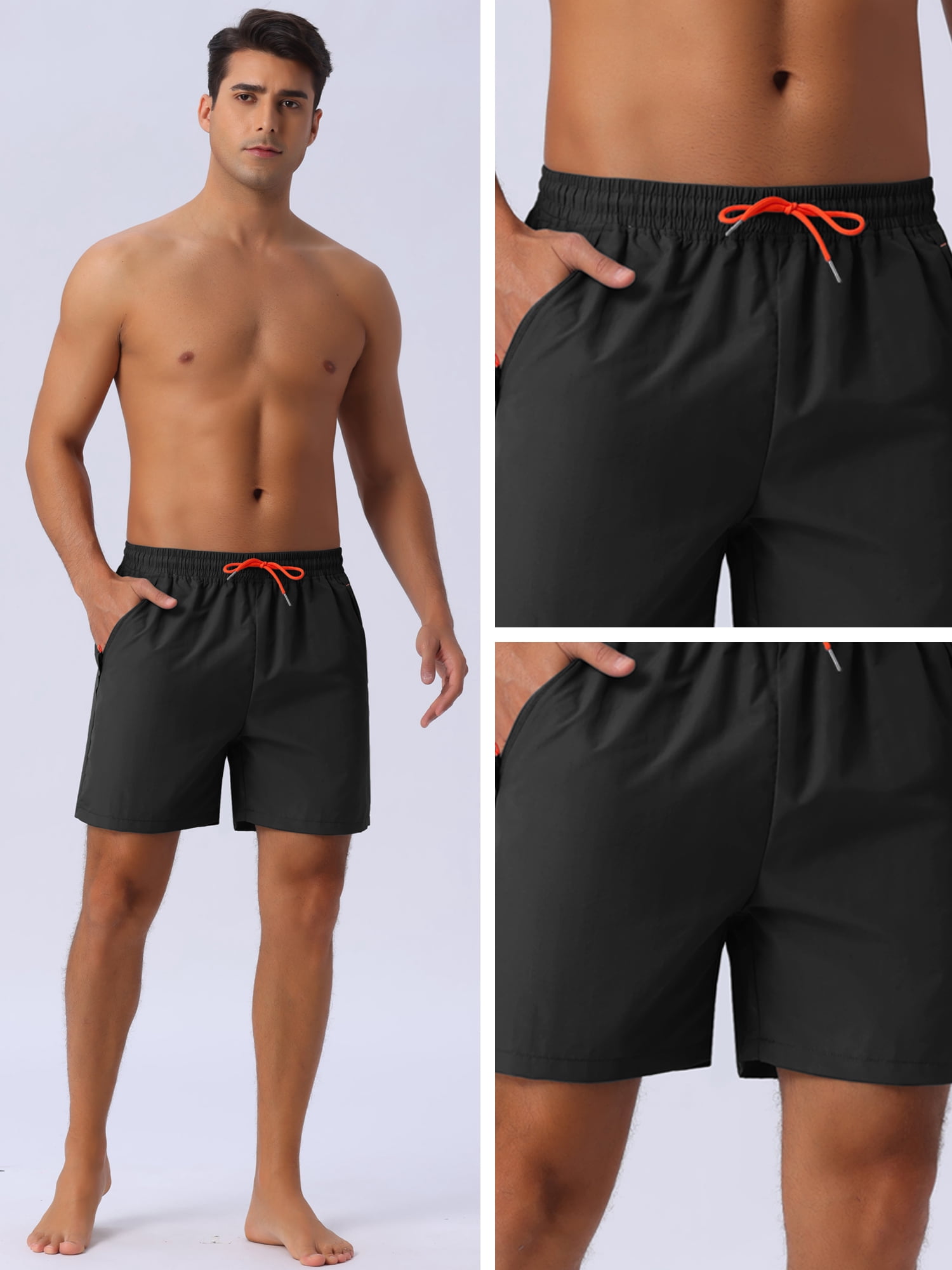 DARING DIVA Men's Elastic Waist Drawstring Mesh Lining Beach Shorts 36 Black