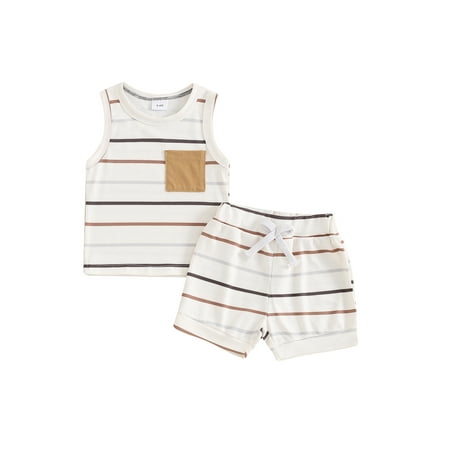 

Raccmtaty Baby Boy Ribbed Outfits Striped Sleeveless Round Neck Tank Tops + Elastic Waist Shorts 2 Piece Summer Set for Infant Toddler