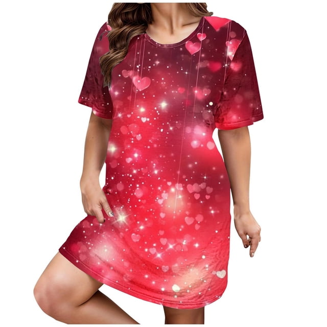 Kelon Nuisettes et Chemises de Nuit pour Femmes Grande Taille Robe de Nuit Décontractée pour Femmes Grande Taille Imprimé Cœur Manches Courtes Col Rond Extensibilité Moyenne Nuisette Ample Robe de Nuit de la Saint-Valentin