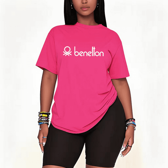 Womens 2 Piece Oversized Lounge Outfit Casual Summer Sets Benetton Graphic Funny Letter Printed Crew Neck T-Shirt and Shorts Matching Clothing Set-Pink-5XL