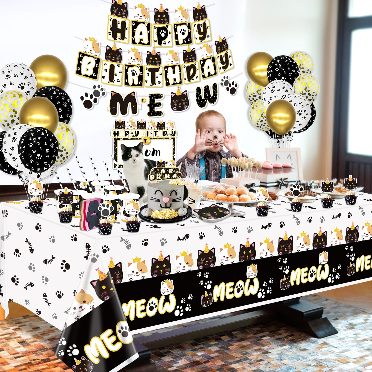 Hegbolke Cat Themed Birthday Party Decoration Kit with Napkins & Balloons, Black & White (222 Count)