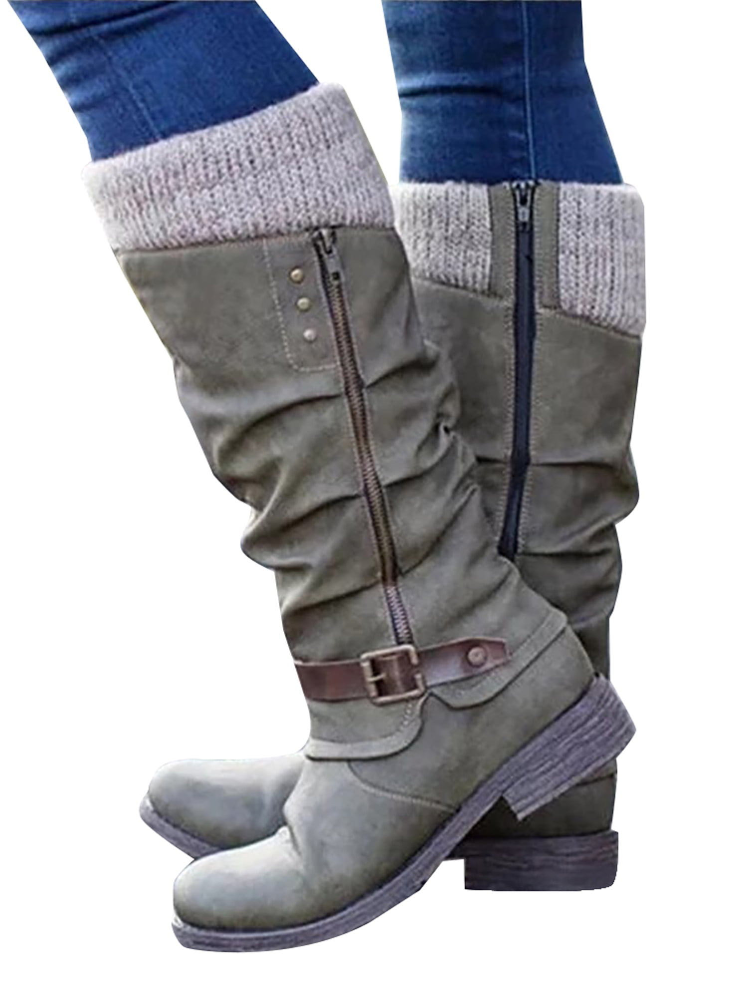 Ladies Calf Long Low Heel Casual Winter Stretch Biker Rider Boots Size 