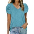 thumbnail image 1 of Camiseta de mujer con cuello en V y manga corta con diseño retorcido, Top informal de Color puro para viajes a casa, 1 of 5