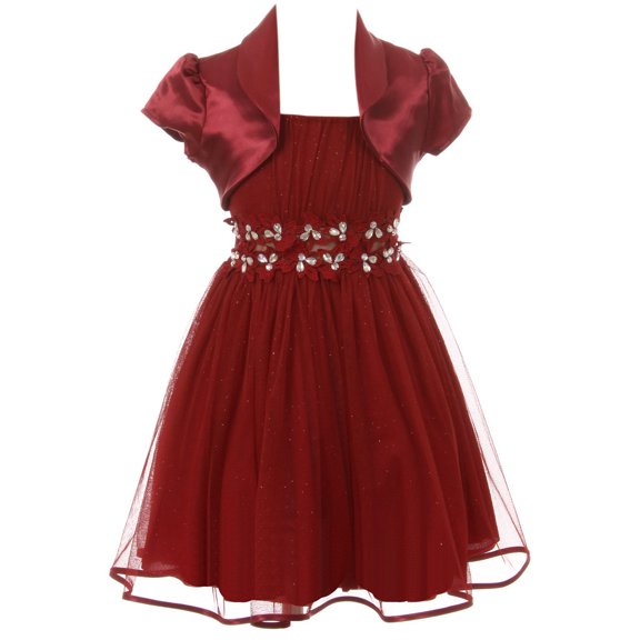 Big Girls Beautiful 2 Pieces Bolero Dress Rhinestones Shiny Holiday Flower Girl Dress Rose 12 (2J1K4S4)