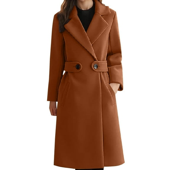 Stichou Womens Elegant Notched Lapel Coat Mid-Length Thicken Warm Wool Blend Coats Casual Fall Winter Fashion Long Overcoat Camel 3XL