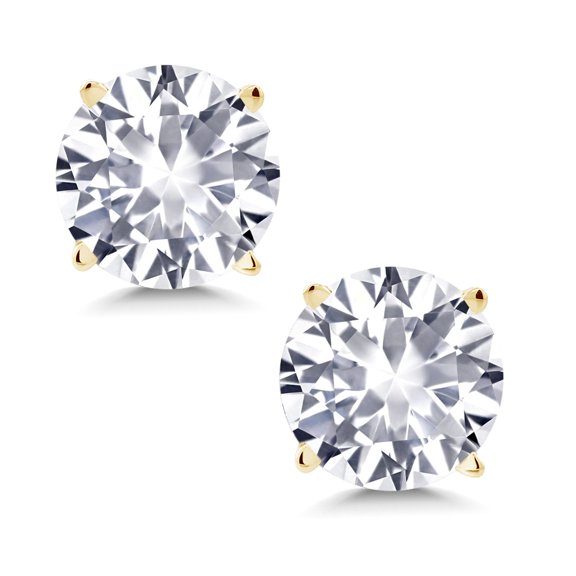 Gem Stone King 14K Yellow Gold White Created Sapphire Stud Earrings for Women Men 2.00 Cttw 6MM