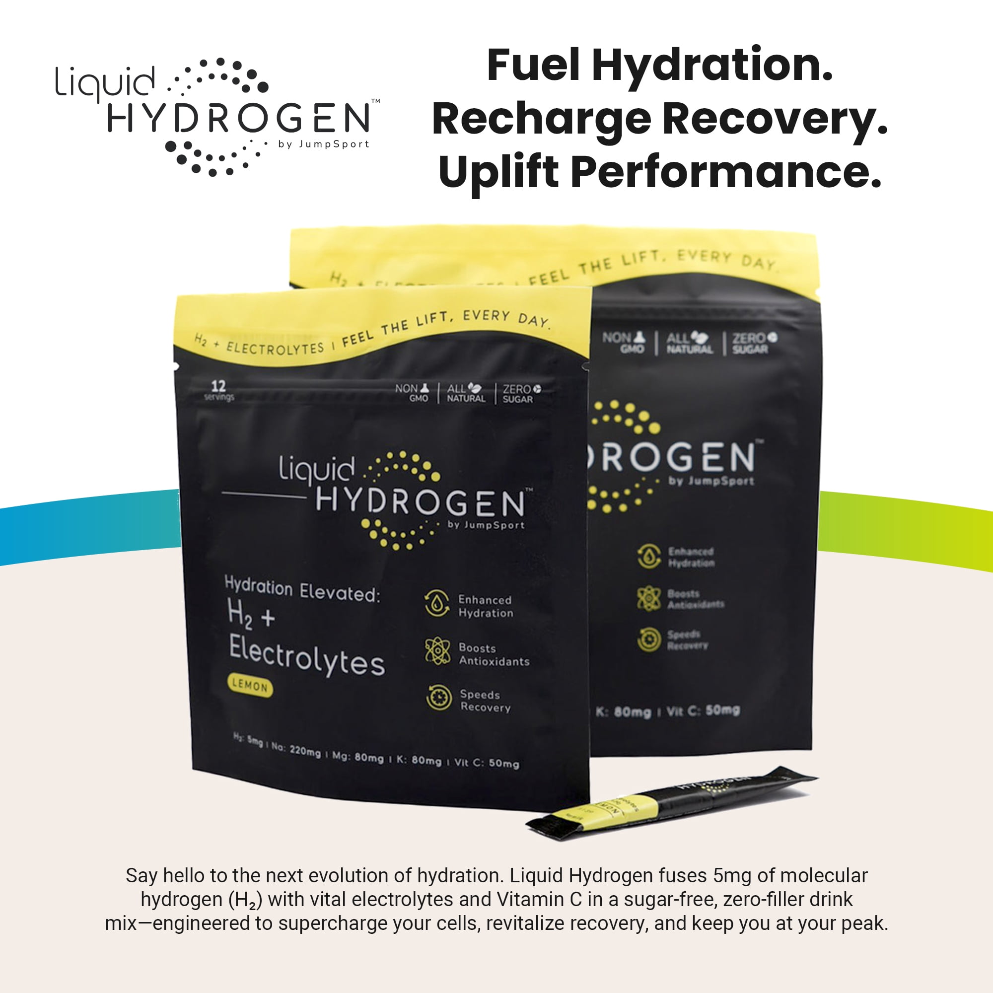 JumpSport 30 Pack Liquid Hydrogen + Electrolyte Zero Sugar Drink Mix, Lemon