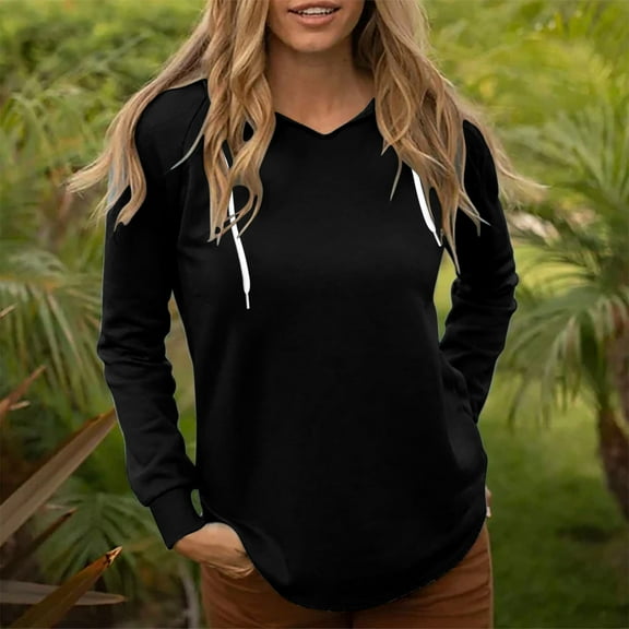Frostluinai Raglan Hoodies for Women V Neck Drawstring Sweatshirts Long Sleeve Solid Tunic Tops Lightweight Workout Pullover Comzy Hoodies