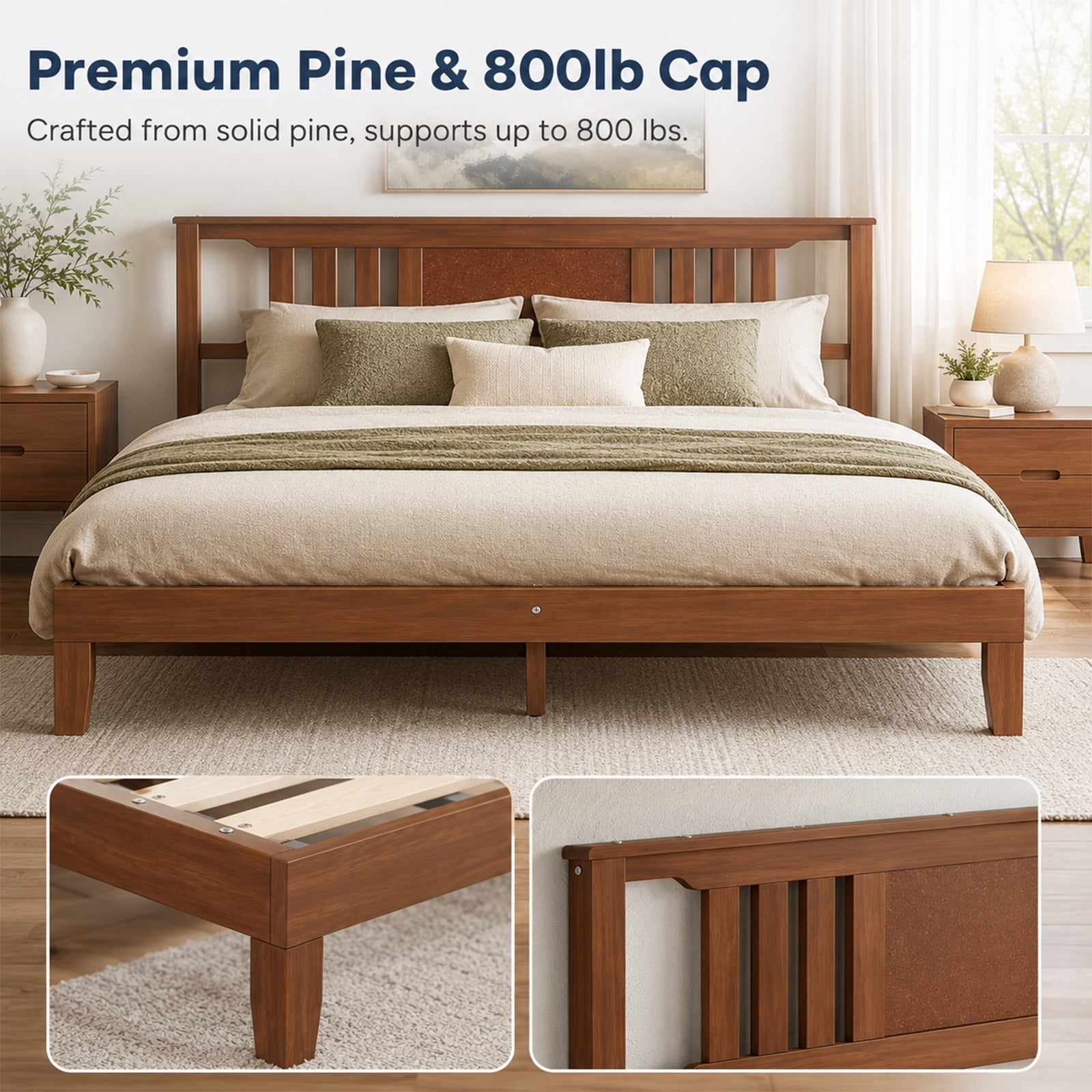 Alvantor Solid Pine Wood Platform Bed Frame with Ergonomic Headboard, 800 lbs Capacity