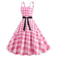 thumbnail image 4 of Dress pstuiky Women Hepburn Style Dress Vintage Plaid Print Dress Sleeveless V-Neck Dress Knee-Length Dress Clothing Dress Costumes for Party Pink M, 4 of 8