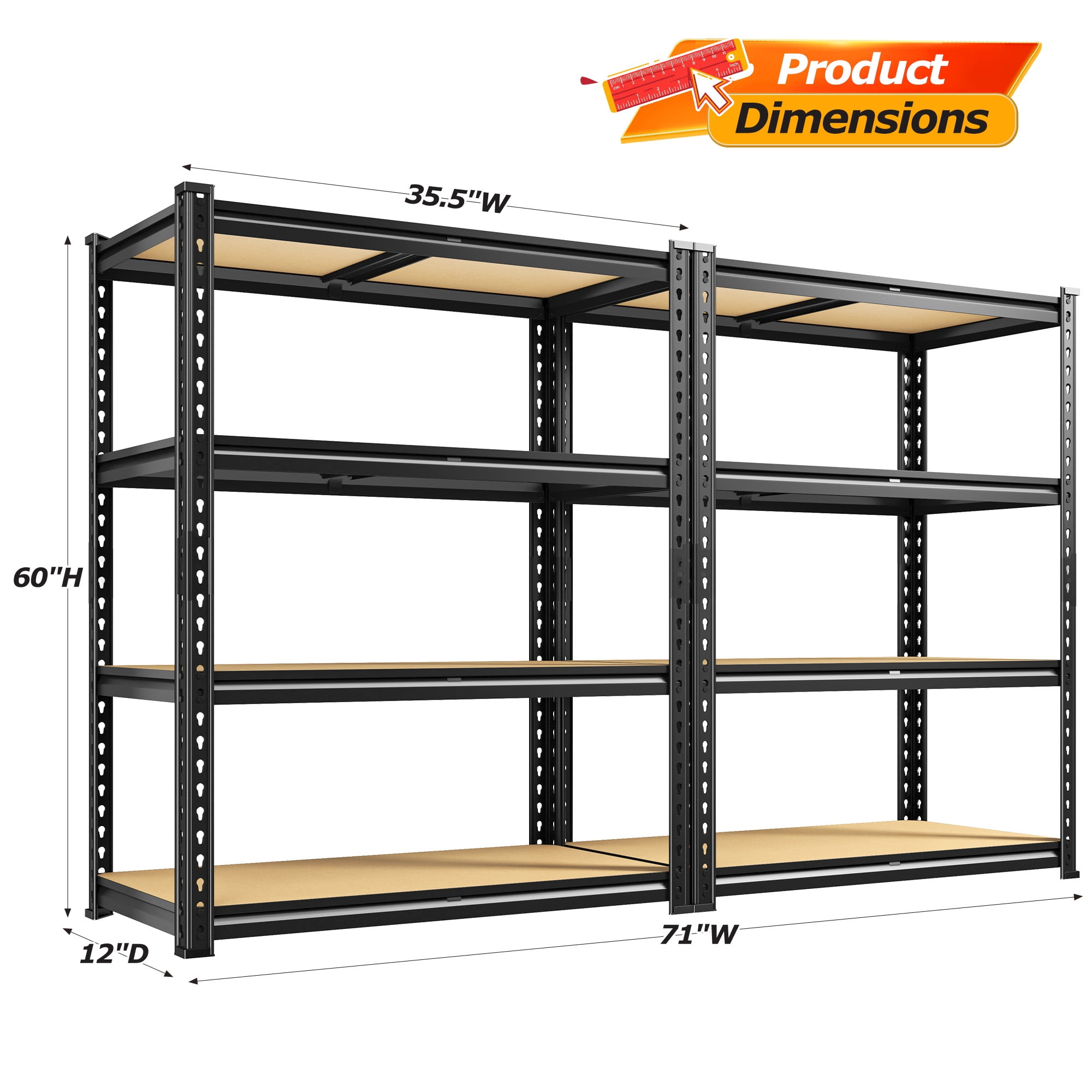REIBII 2-Pack 4-Tier Steel Storage Shelving Unit,35 in x 12 in x 60 in,3200 lb Total Capacity,Black