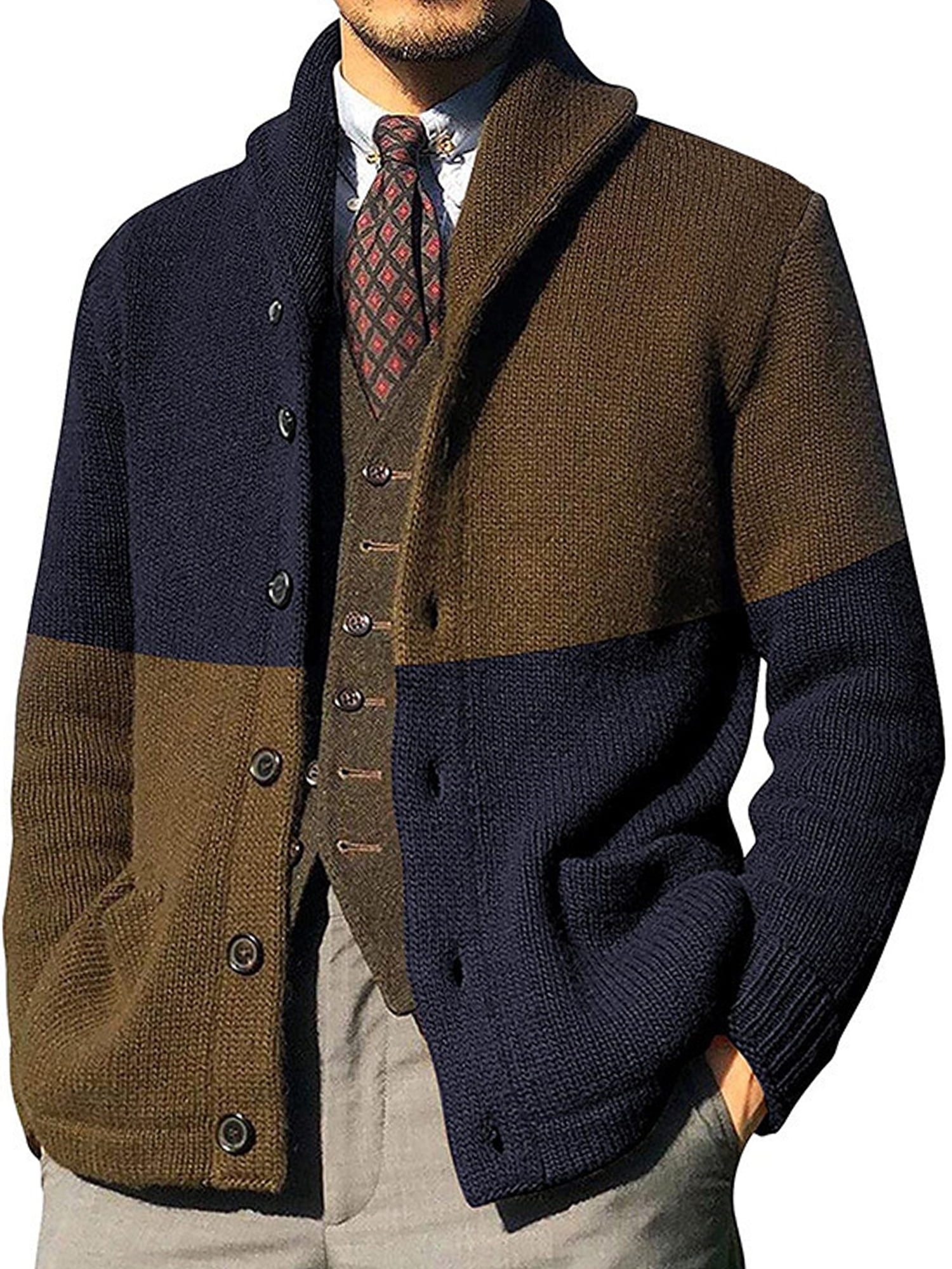 Grianlook Men Knitted Buttons Cardigan Sweater Color Block With Pockets