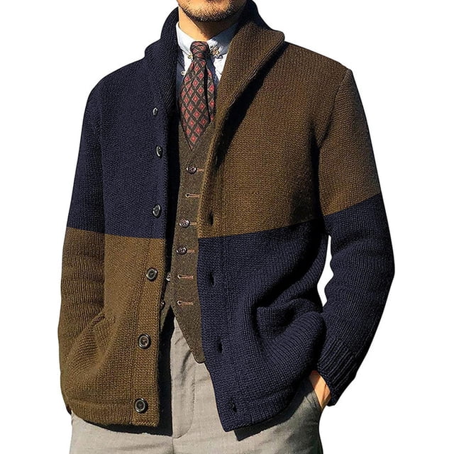 MAWCLOS Mens Outwear Open Front Cardigan Sweater Long Sleeve Sweaters Knitted Outdoor Color Block Cardigans Navy Blue L