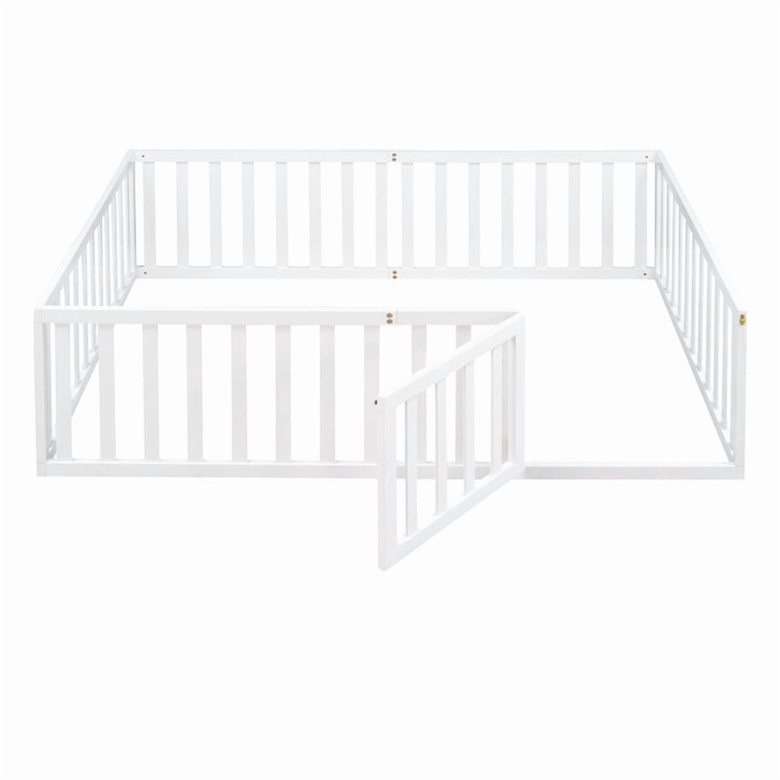 Full Size Floor Bed Platform Bed with Fence and Door, Wooden Montessori Bed Toddler Bed Kids Playhouse Bed with Guardrails for Boys Girls, No Slats