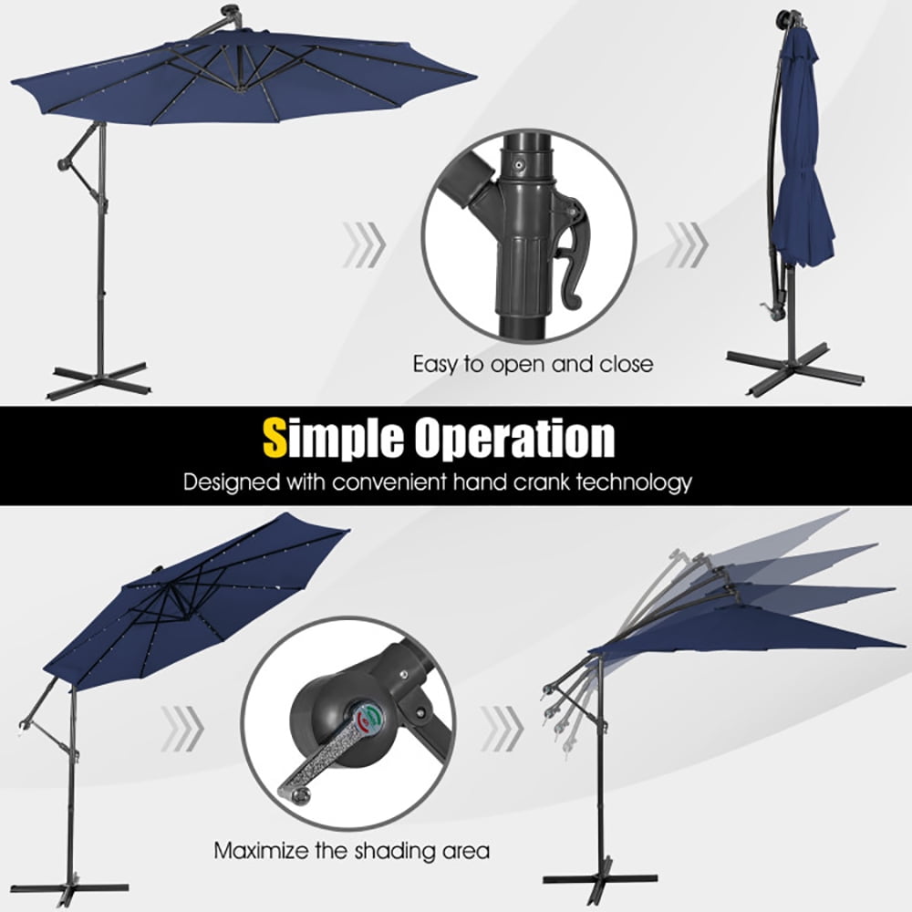 Aimee Lii 10 Feet Patio Solar Powered Cantilever Umbrella with Tilting System, Sunbrella Patio Umbrellas, Navy Aimee Lii 10 Feet Patio Solar Powered Cantilever Umbrella with Tilting System, Sunbrella Patio Umbrellas, Navy