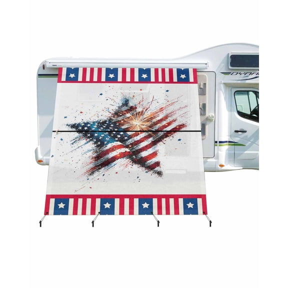 4th of July RV Awning Sun Shade Screen 9'X7' American Flag Fireworks Mesh Sunscreen Patriotic Star Stripes Awning Shade Screen with Zipper UV Blocker Completed Kits for RV Motorhome Camper