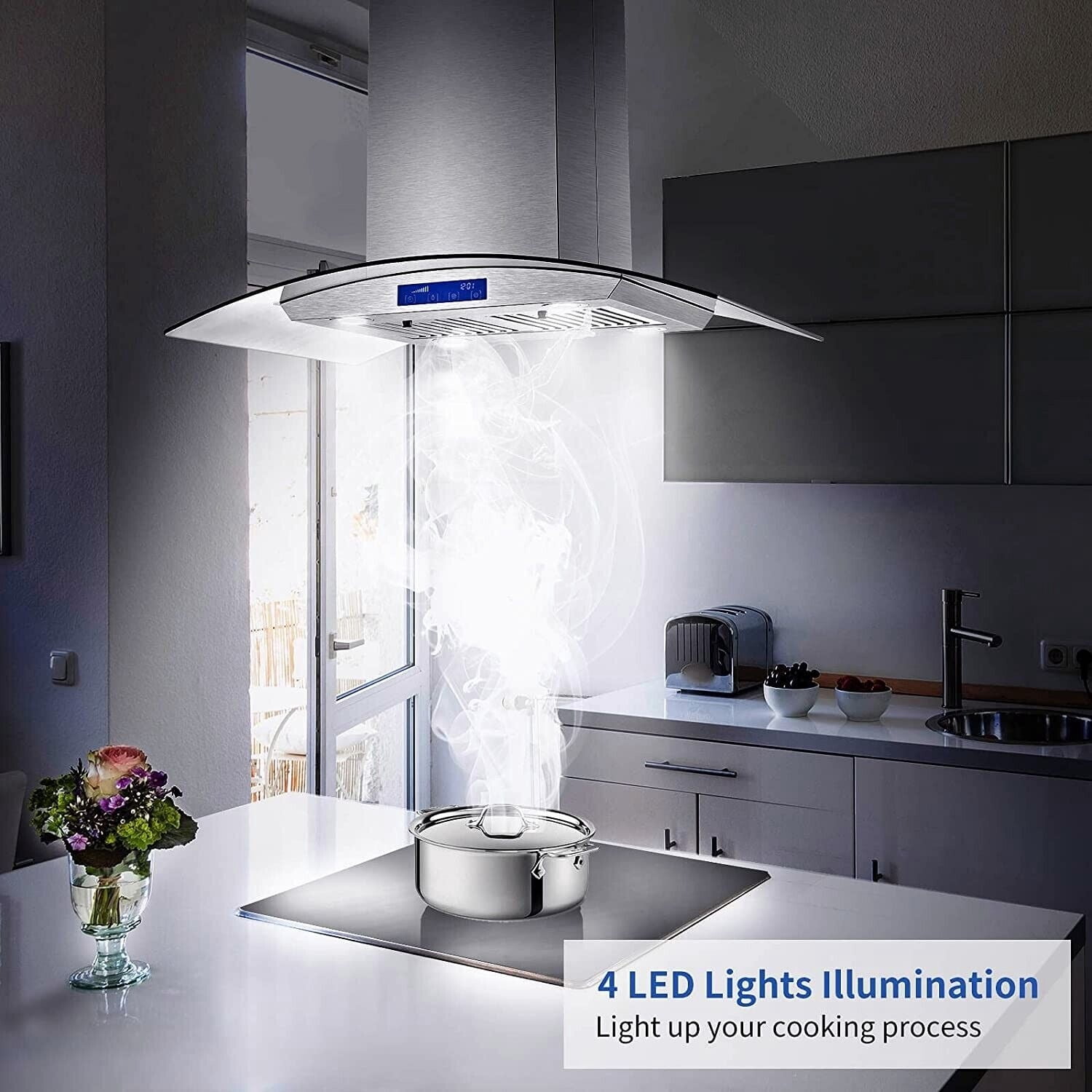 Joeaonz 30-Inch Island Range Hood 900 CFM Stainless Steel with Glass Touch Control & Reusable Filters