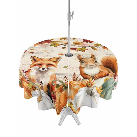 Outdoor Tablecloth with Umbrella Hole and Zipper, Fall Pumpkins Round Table Cloth 60 Inch Waterproof Tablecloth, Thanksgiving Vintage Maple Leaf Fox Squirrel Picnic Table Cover for Patio Camping