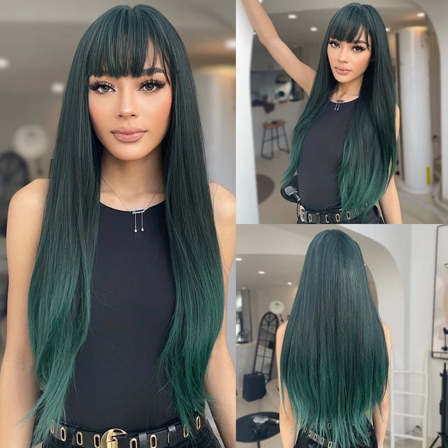 Pelucas largas y rectas con flequillo para mujer, pelo sintético de alta densidad, resistente al calor, color rubio Natural, uso diario, fiesta