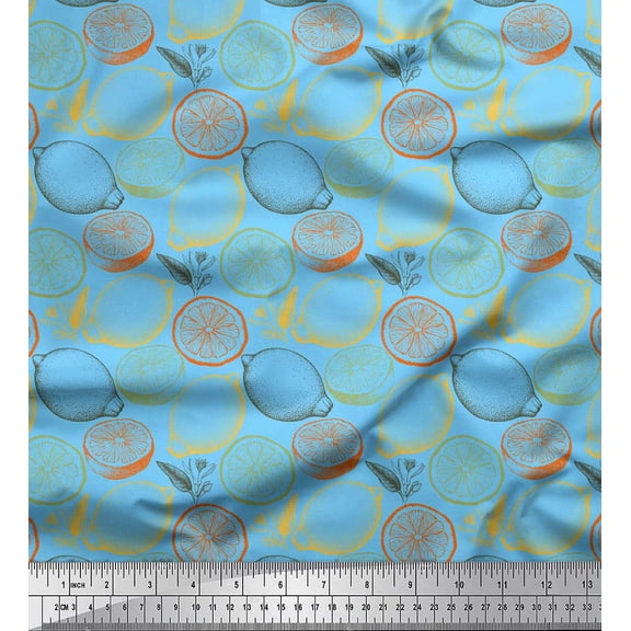 Soimoi Blue Poly Georgette Fabric Lemon Slice Vegetable Printed Craft Fabric by the Yard 52 Inch Wide