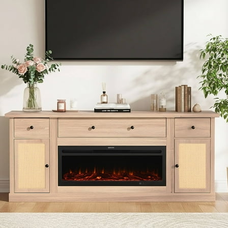 Erinnyees Fireplace TV Stand for 65" TVs, 36" Electric Fireplace & Rattan Farmhouse Media Console with Large Storage