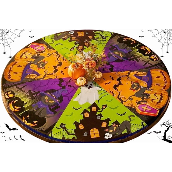 FufuCrick Halloween Tablecloth 23.6'', Stretch Fitted Flannel Table Cover with Festive Pumpkin and Cat Print, Elastic Edge Protector for Dining and Halloween Decor, Multicolor