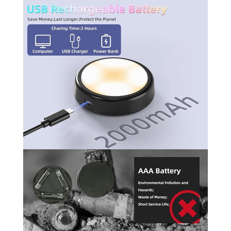 Rechargeable Puck Lights With Remote – 2000mAh, Dimmable, Magnetic, 3-Pack Black Cabinet Lighting
