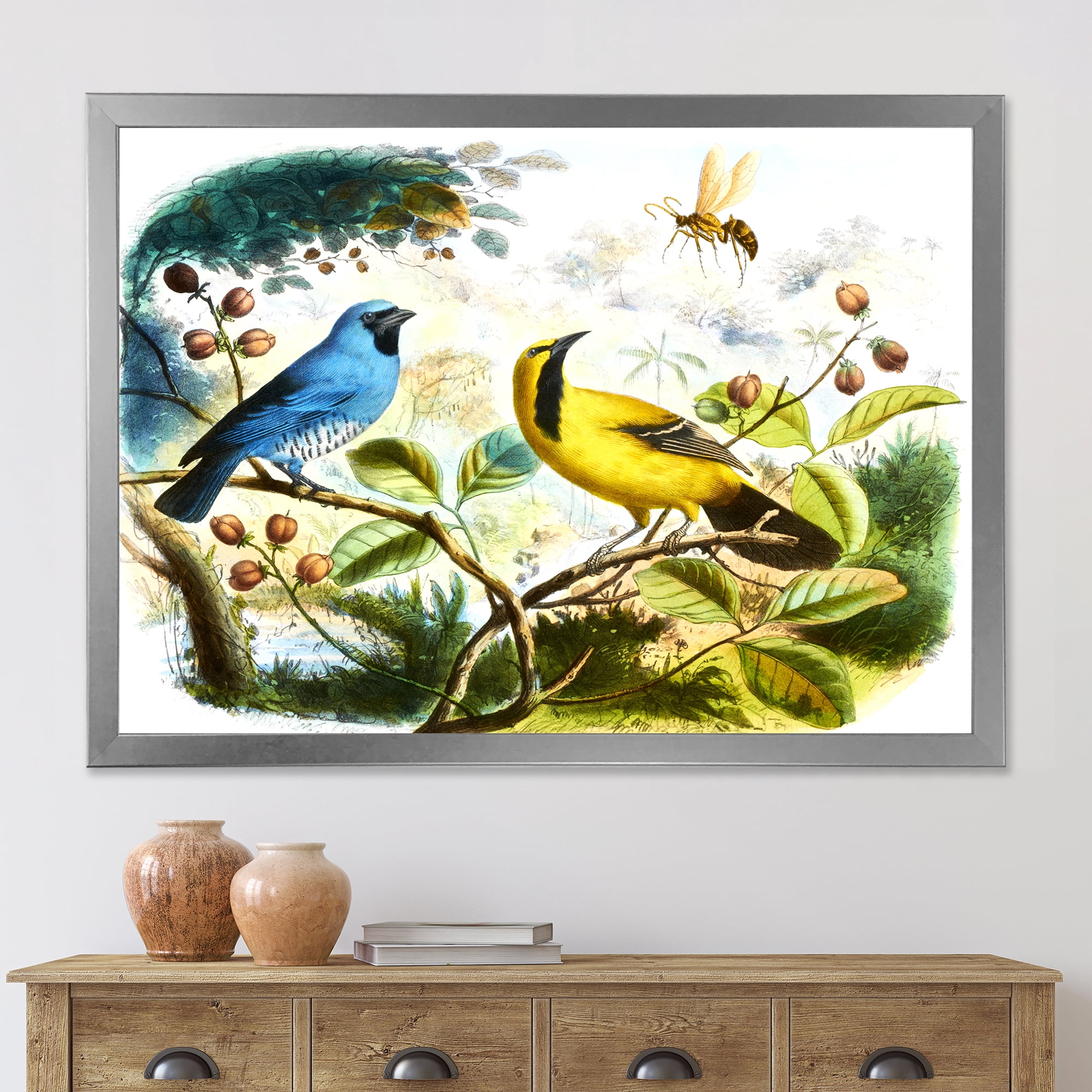 Designart 'Yellow and Blue Bird In The Wild' Traditional Framed Art Print