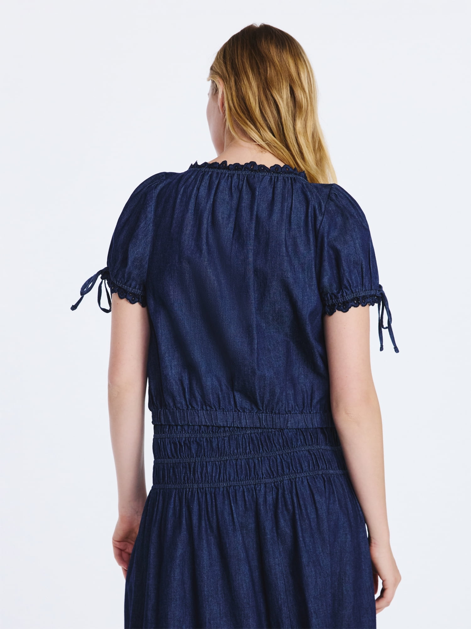 Free Assembly Women's and Women's Plus Embroidered Cropped Cotton Top with Short Sleeves, Sizes-XS-4X