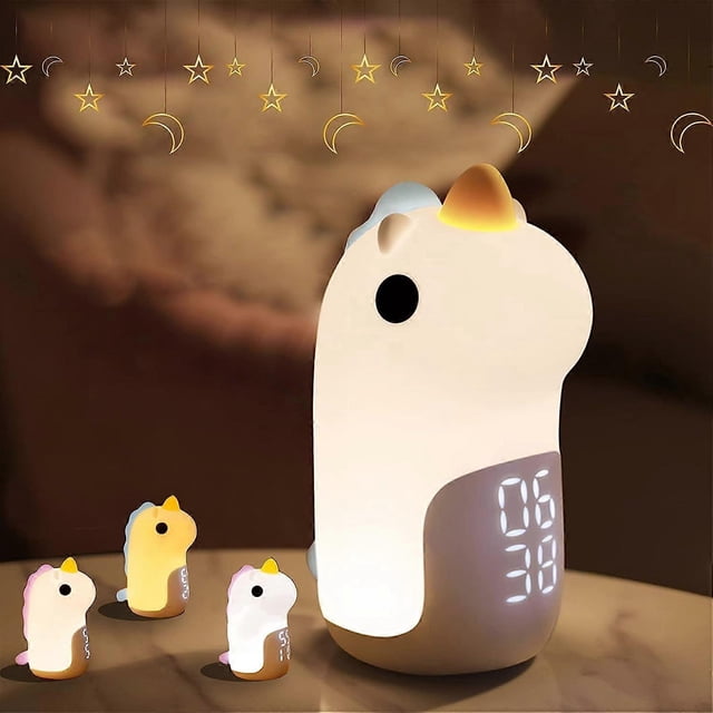 (Bleu) Rveil Enfant Lumineux 3 Couleurs Veilleuses Jour/Nuit Rechargeable, LED Rveil Numrique avec Jolie Forme de Licorne pour Fille Garons Ado Snooze